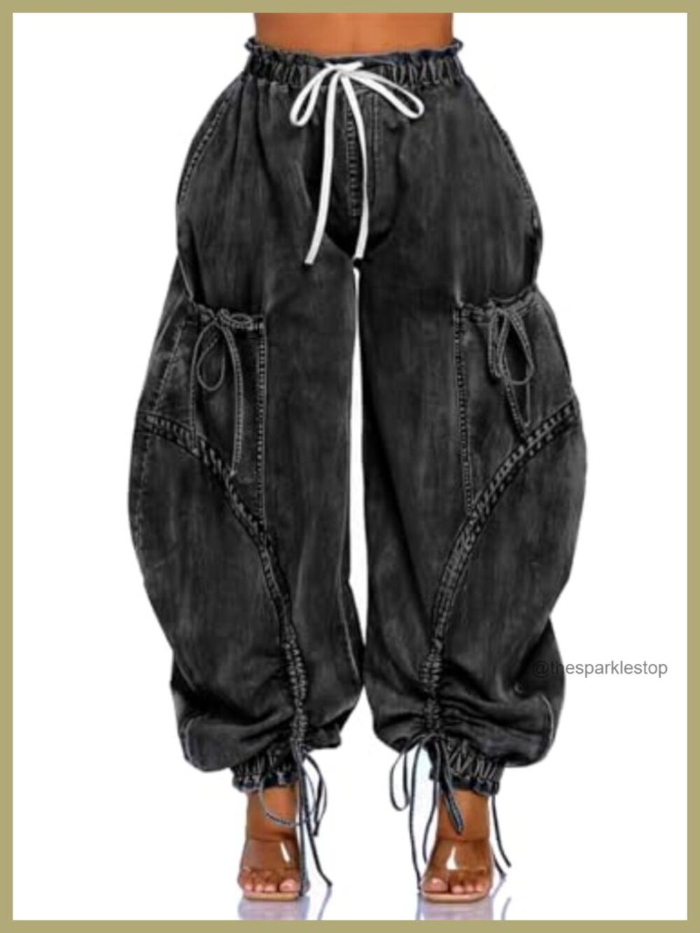 High Waisted Baggy Cargo Wide Leg Barrel Denim Jeans Drawstring